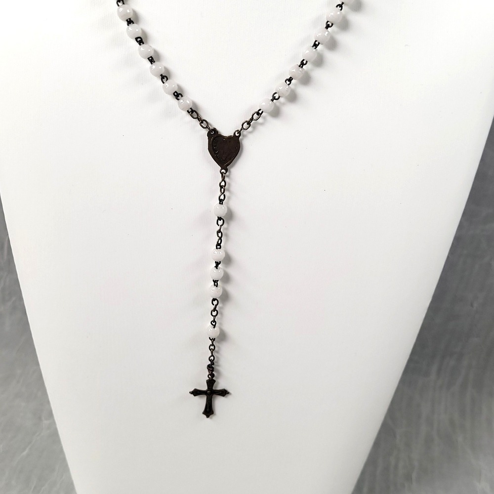 Rosary Necklace White Milk Glass Beads Brass Tone Crucifix Heart Medal